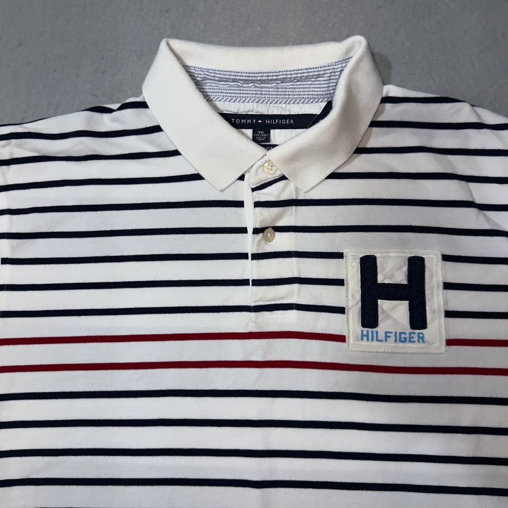 Tommy Hilfiger Custom Fit Polo Shirt Mens XXL‎ Navy White Red Stripe Logo Patch